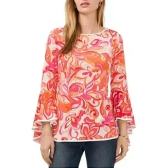Macy’s Sam & Jess Pink & Orange Bell Sleeve Blouse with Crew Neck & 3/4 Sleeves - Picture 1 of 6